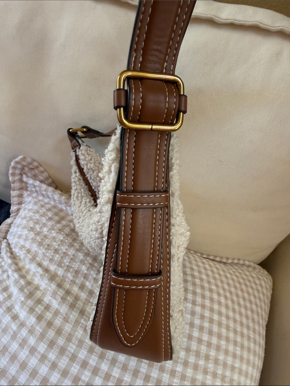 Zara Cream Sherpa Shoulder Bag with Brown Strap - Picture 4 of 5